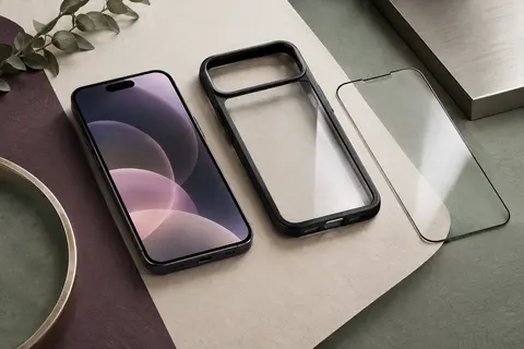 Coque à cadre métallique pour iPhone 17, dos ouvert, avec verre trempé posé à côté du téléphone.