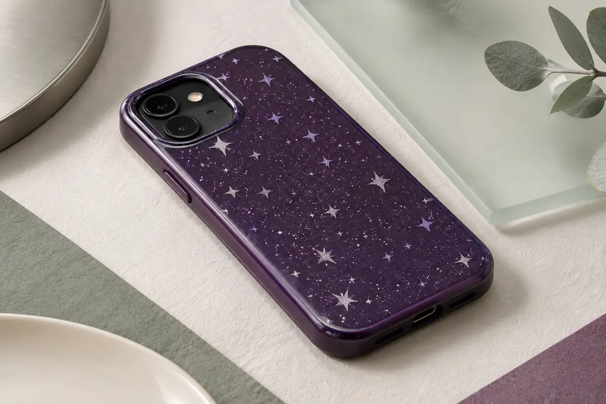 Coque arrière violet foncé à paillettes pour Galaxy S23 5G, avec bords relevés et découpes précises.