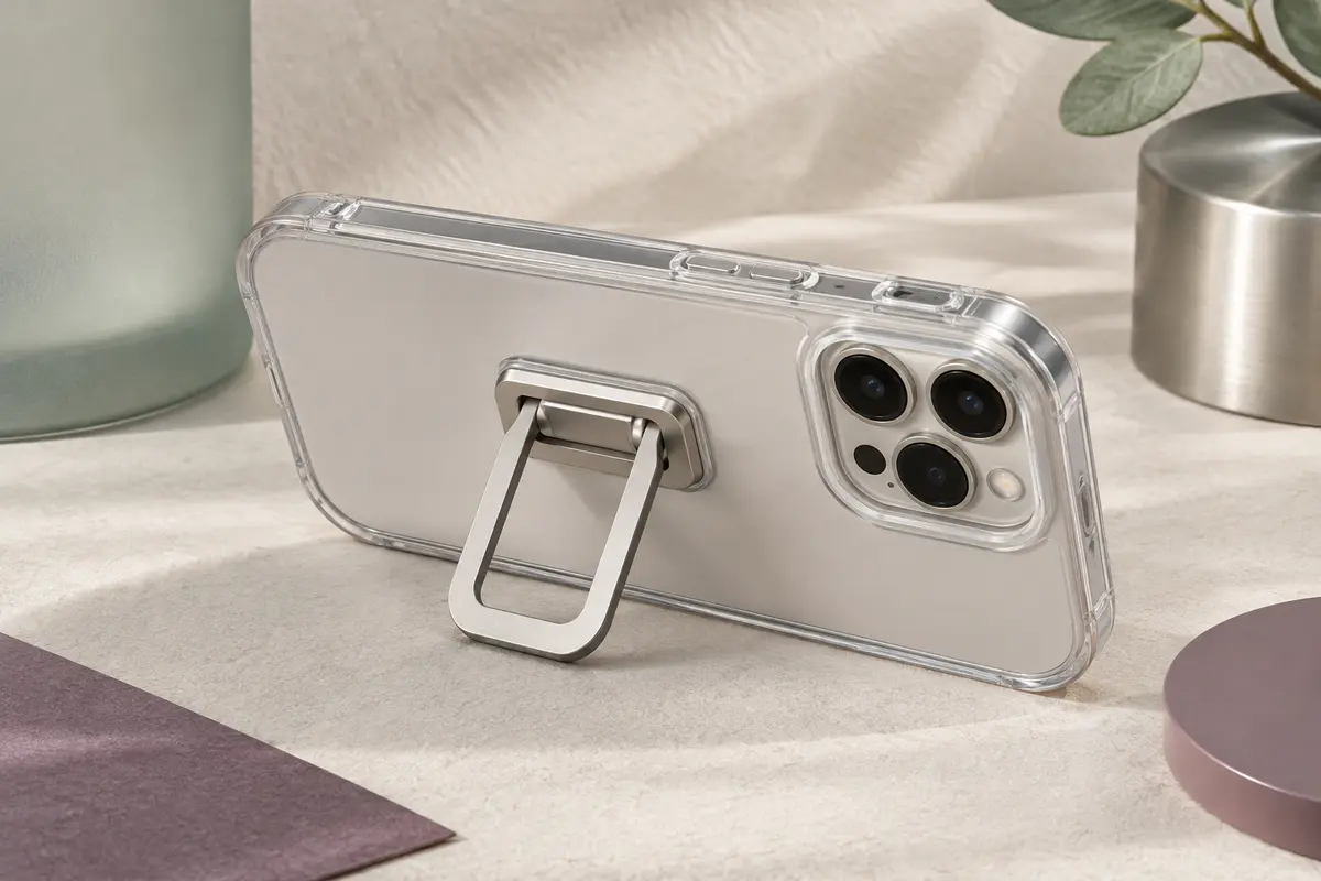 Coque transparente ESR avec support Flex déployé à l’arrière d’un iPhone en mode paysage