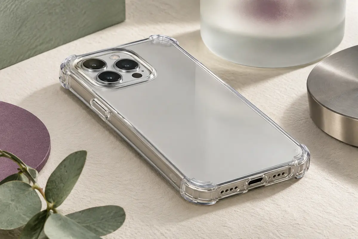 Coque transparente en TPU sur un smartphone sans marque, avec bords surélevés et coins renforcés visibles.