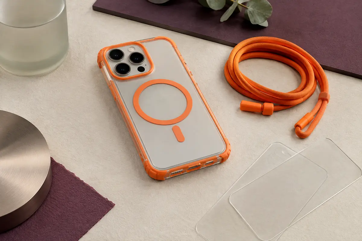 Coque transparente à détails orange avec cordon réglable, anneau magnétique et deux verres trempés.