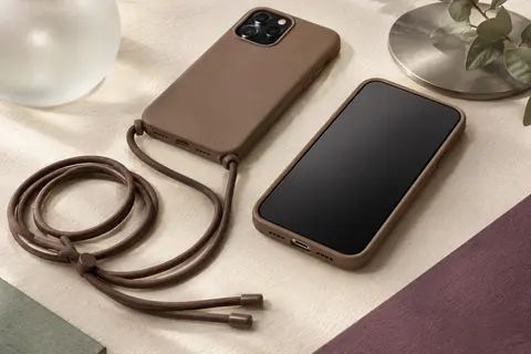 Coque marron pour iPhone Pro avec cordon réglable, bords surélevés et fixation magnétique
