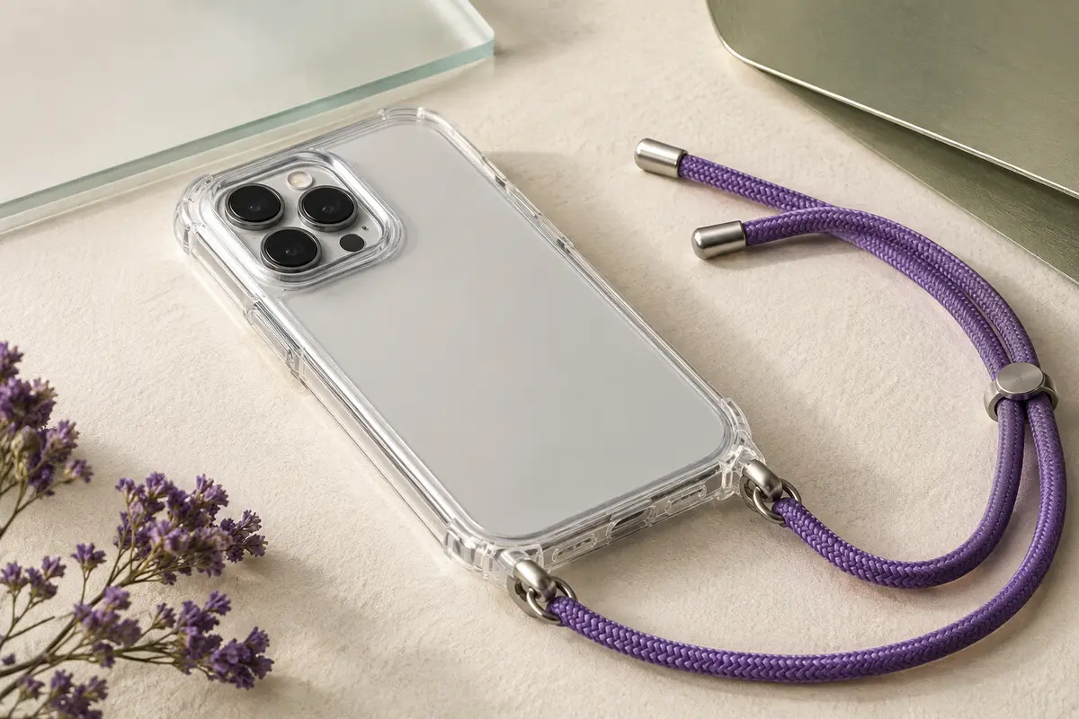 Coque transparente pour Oppo avec protège-écran intégré et cordon violet réglable, présentée de près