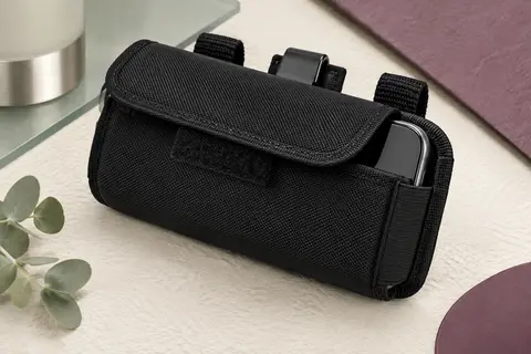 Étui ceinture noir horizontal pour smartphone avec rabat Velcro, passants et clip de fixation