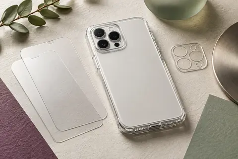 Coque transparente en TPU accompagnée de deux verres trempés et d’un protecteur pour la caméra arrière