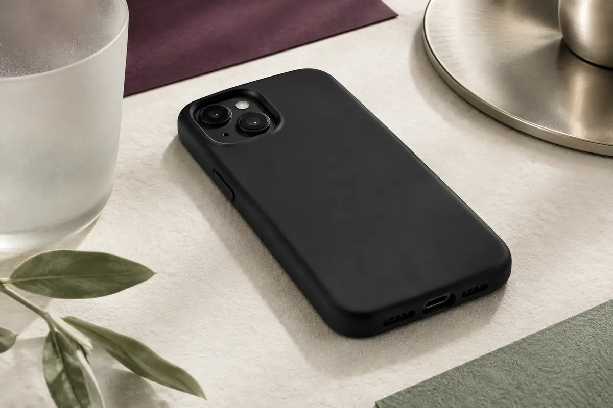 Coque arrière noire en TPU ajustée à un smartphone sans marque, avec découpes pour l’appareil photo et les connexions.