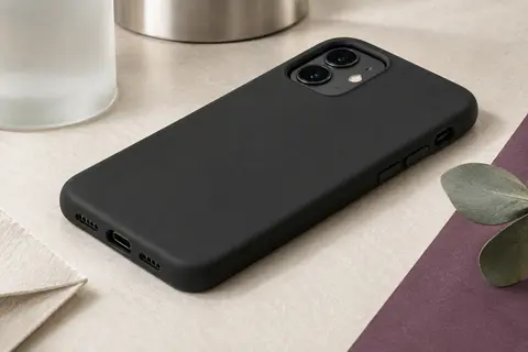 Coque noire en TPU ajustée à un smartphone, avec découpes pour l’appareil photo, les ports et les boutons