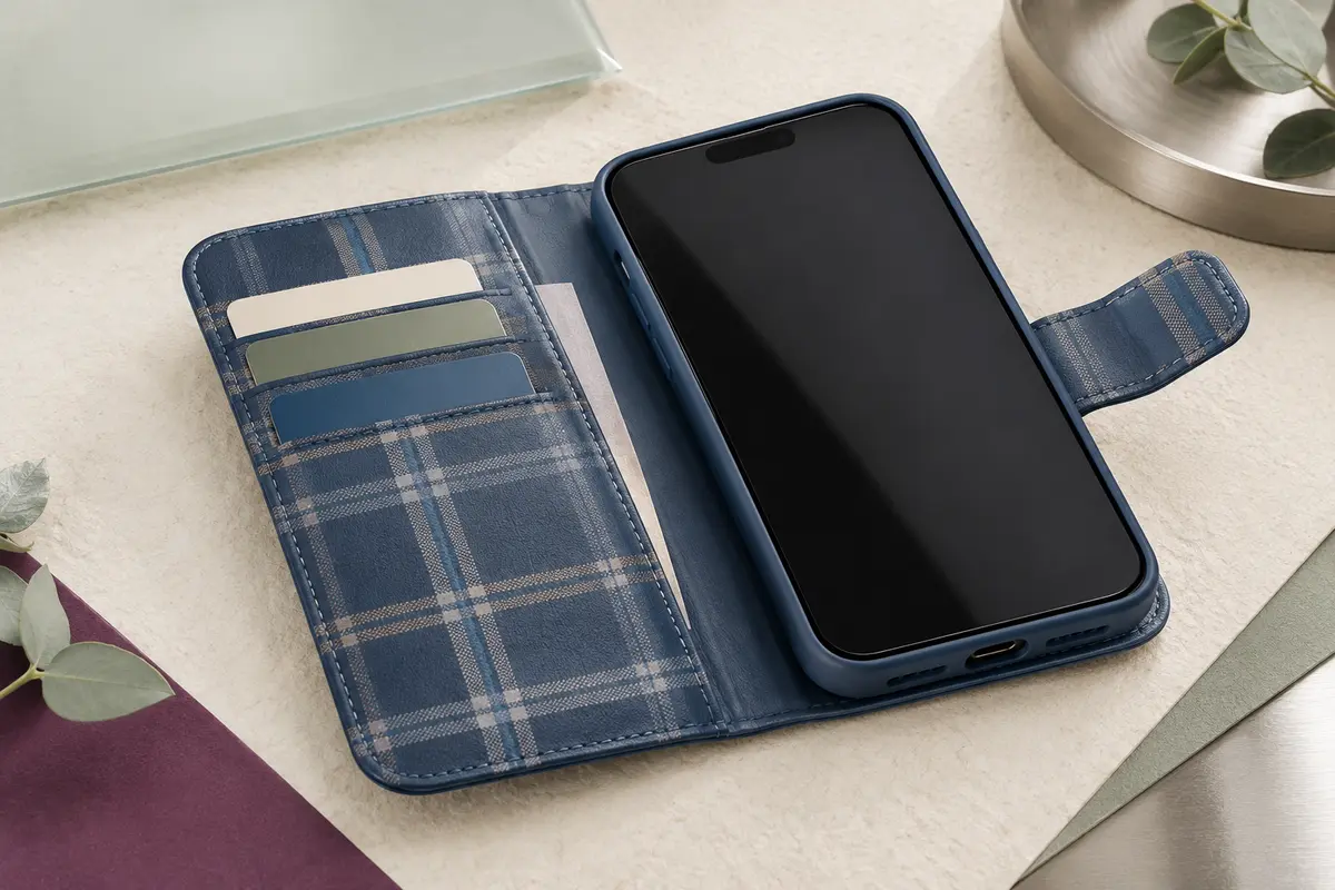 Étui portefeuille bleu à motif plaid ouvert, avec smartphone générique, coque TPU et compartiments pour cartes