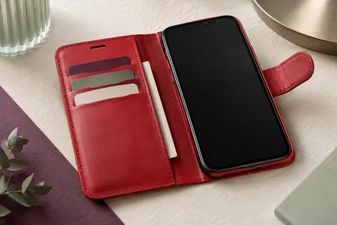 Étui portefeuille rouge à rabat ouvert autour d’un smartphone, avec rangements pour cartes et support intégré.