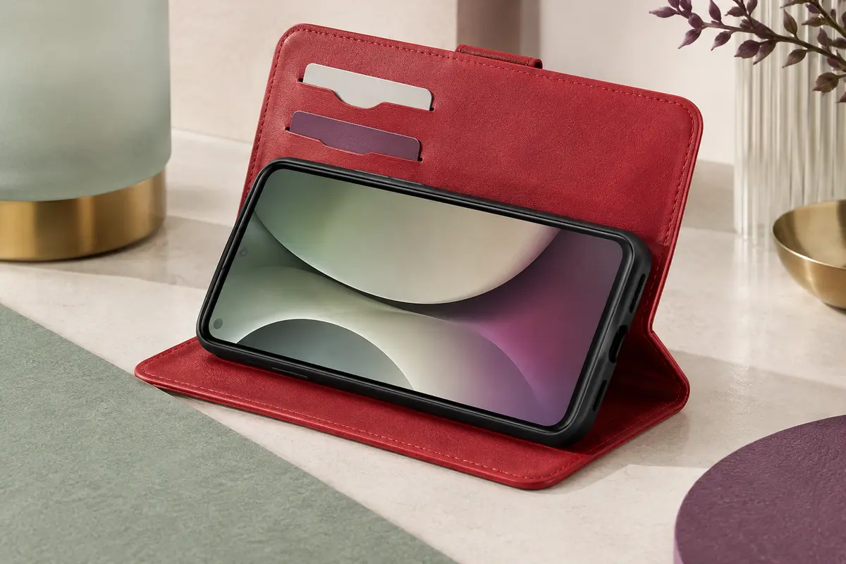 Étui portefeuille rouge en similicuir pour Samsung Galaxy A22 5G, ouvert avec support et rangements pour cartes