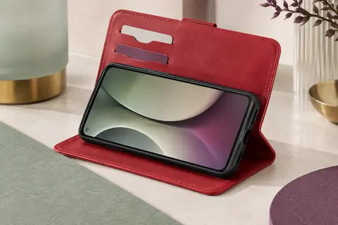Étui portefeuille rouge en similicuir pour Samsung Galaxy A22 5G, ouvert avec support et rangements pour cartes
