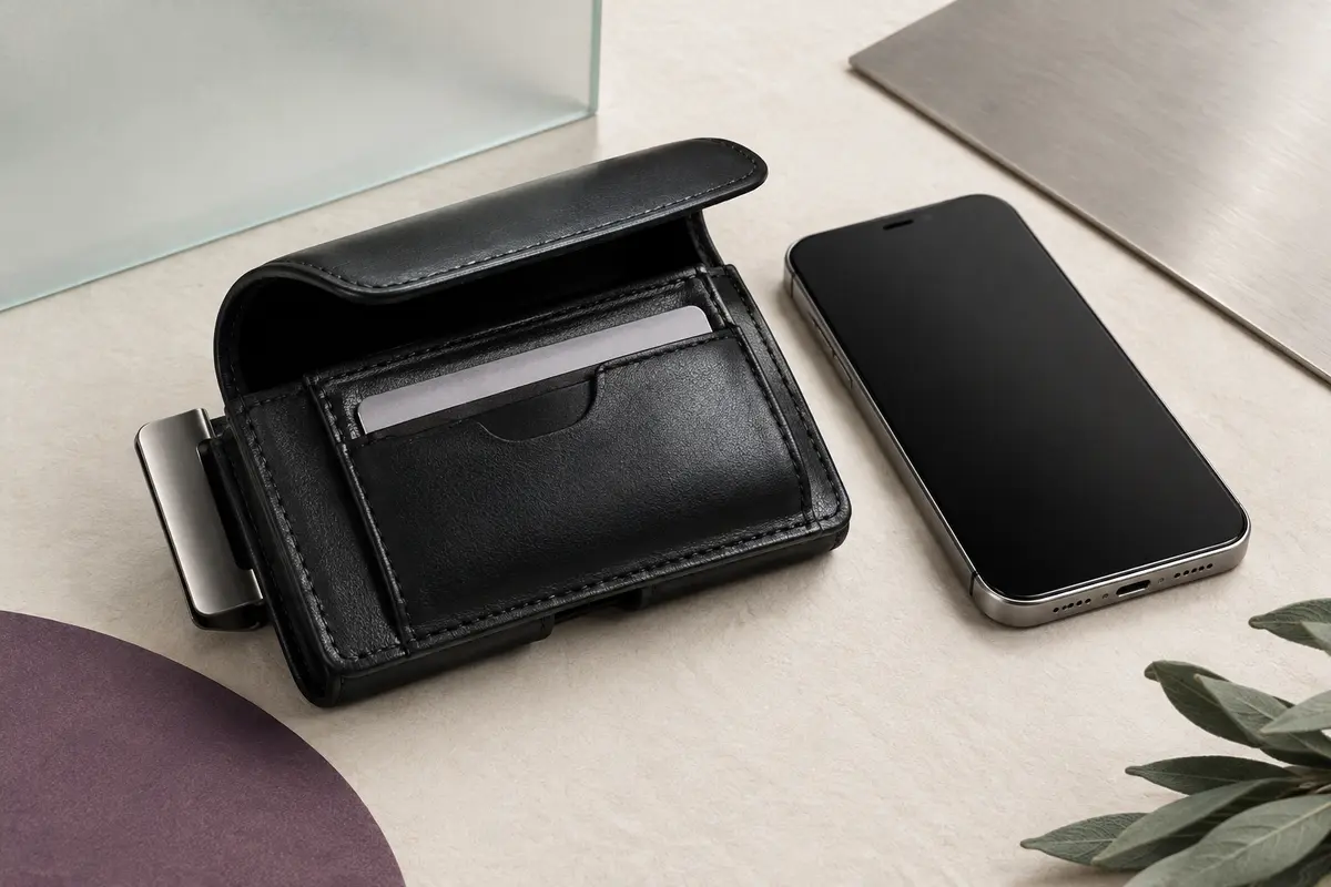 Étui horizontal en cuir noir avec clip de ceinture et fente porte-cartes à fermeture magnétique