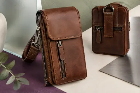 Étui de ceinture Hengwin en cuir brun avec rabat magnétique, clip et poches zippées