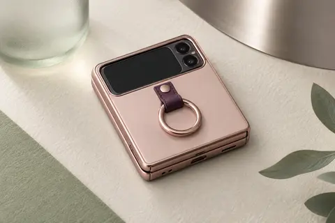 Smartphone pliable à clapet fermé dans une coque or rose, avec anneau métallique et attache en cuir prune au dos, posé sur un papier ivoire