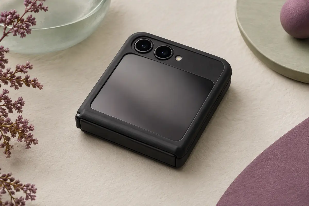 Smartphone pliable à clapet fermé, presque carré, dans une coque noire mate dont le cache articulé couvre la charnière, posé sur un papier ivoire