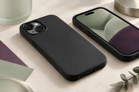Coque antichoc noire à finition mate, avec bords texturés et rebords relevés pour iPhone 15