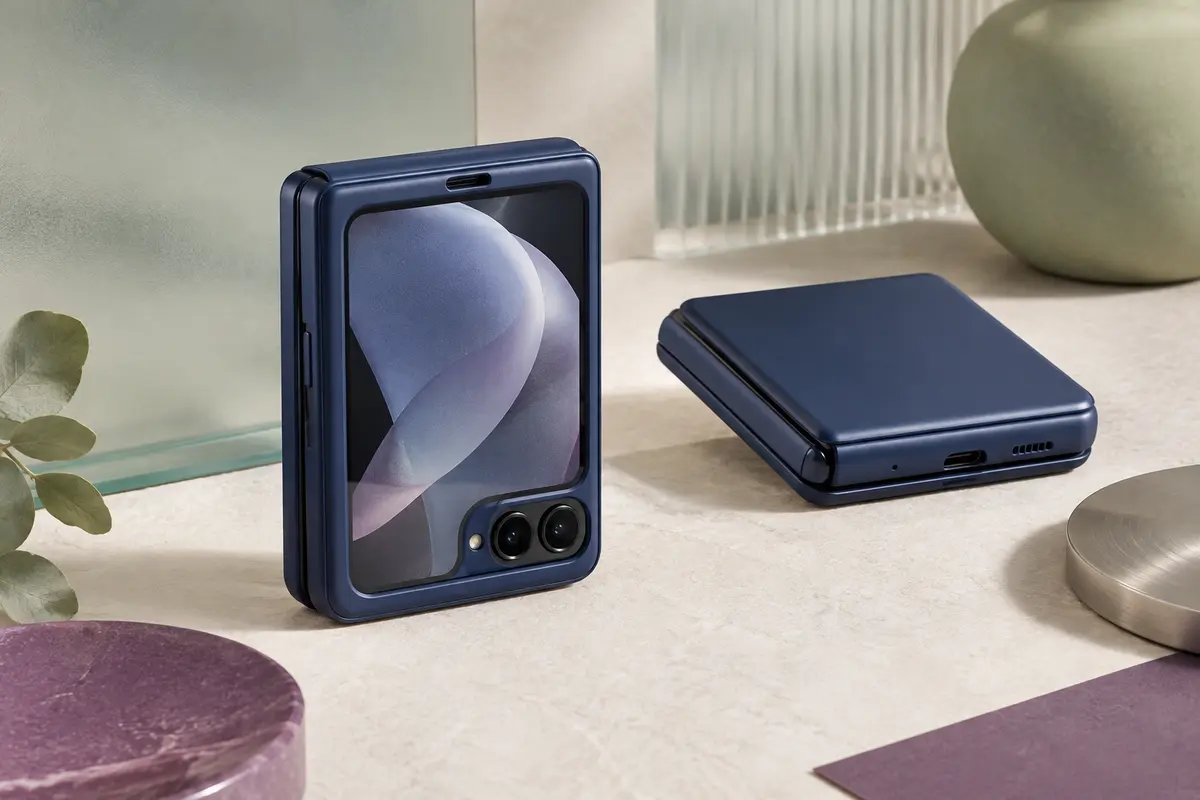 Coque rigide bleu nuit pour Galaxy Z Flip 7 avec verre trempé frontal intégré et finition lisse.