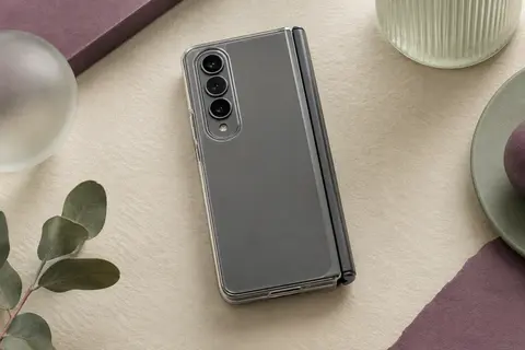 Smartphone pliable au format livre, haut et étroit, fermé dans une coque transparente avec cache de charnière sur le grand côté, posé sur un papier ivoire