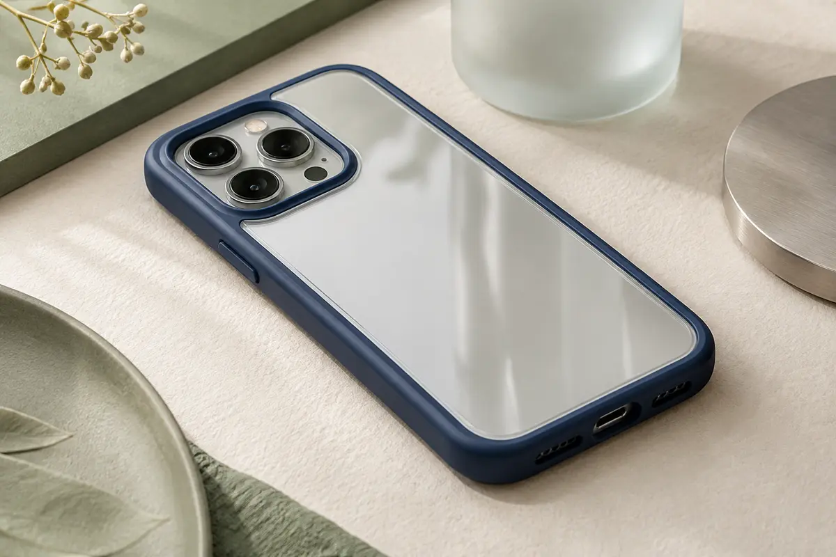 Coque intégrale JETech marine avec verre avant intégré et dos transparent sur un iPhone 13
