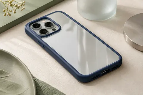 Coque intégrale JETech marine avec verre avant intégré et dos transparent sur un iPhone 13