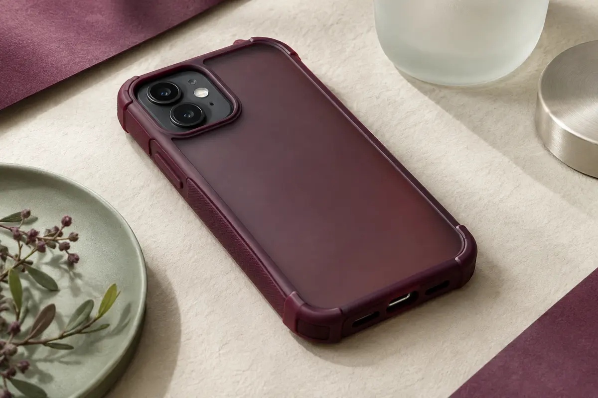 Coque mate cerise foncé à dos translucide et coins renforcés sur un smartphone sans marque.