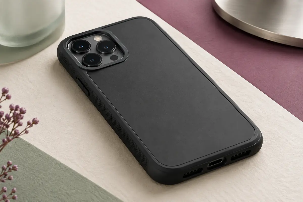 Coque JETech noire à double couche sur un smartphone, avec finition mate et rebords surélevés.