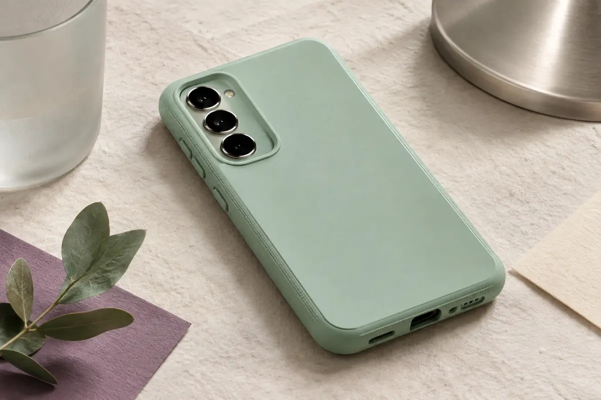 Coque robuste vert menthe à finition mate et rebords surélevés, installée sur un smartphone sans marque visible.