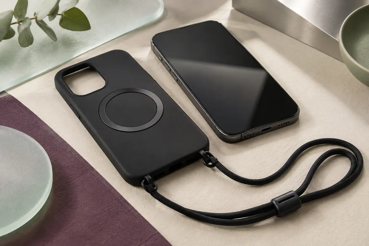 Coque noire en silicone pour iPhone 17 avec cordon réglable et anneau magnétique compatible MagSafe.