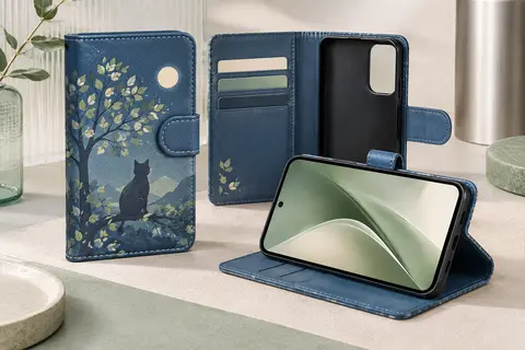 Coque portefeuille bleue à motif de chat et d’arbre pour Redmi 9T, ouverte en mode support