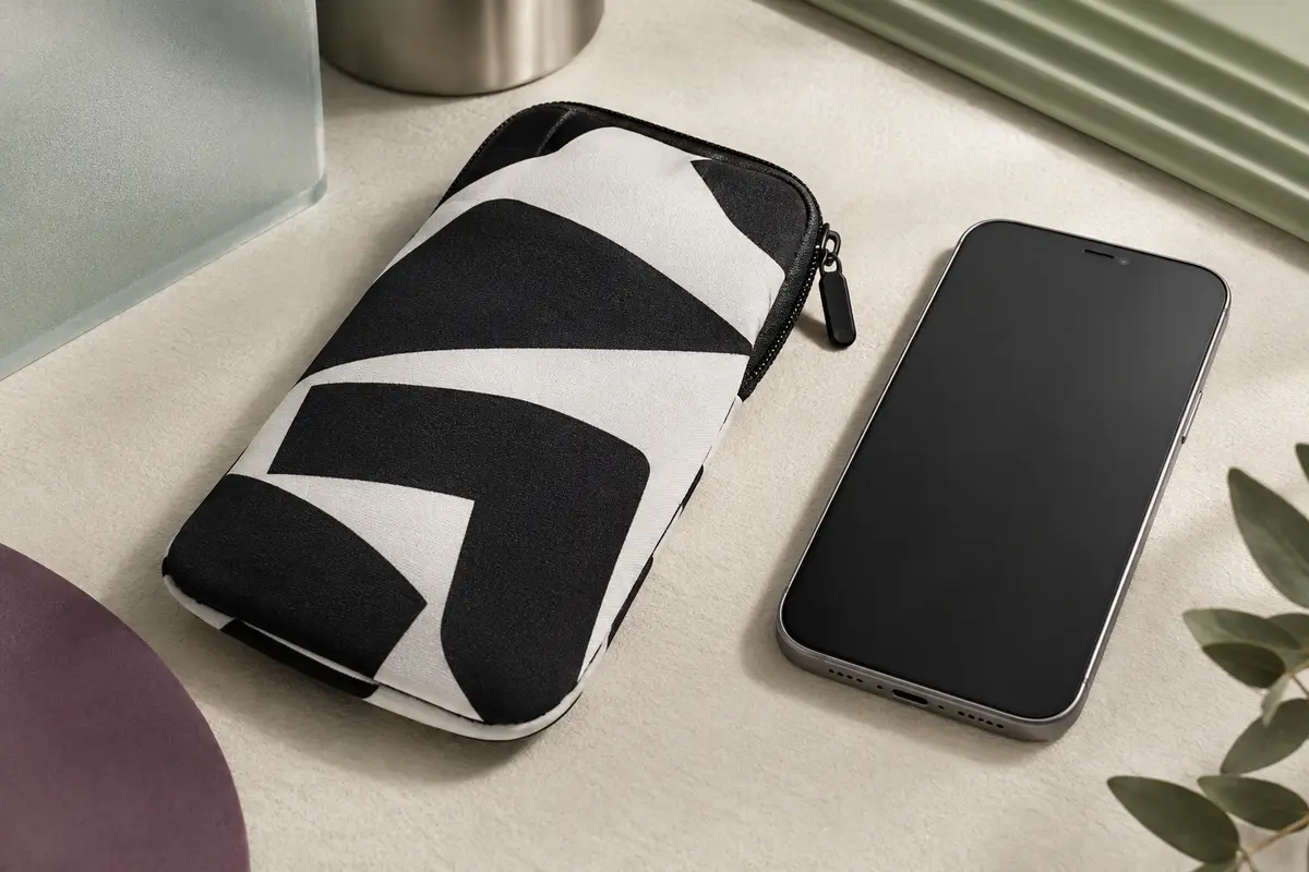 Pochette de smartphone en néoprène blanc et noir avec fermeture zippée, posée près d’un téléphone sans marque.