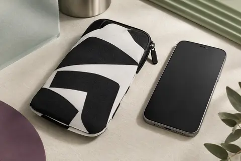 Pochette de smartphone en néoprène blanc et noir avec fermeture zippée, posée près d’un téléphone sans marque.