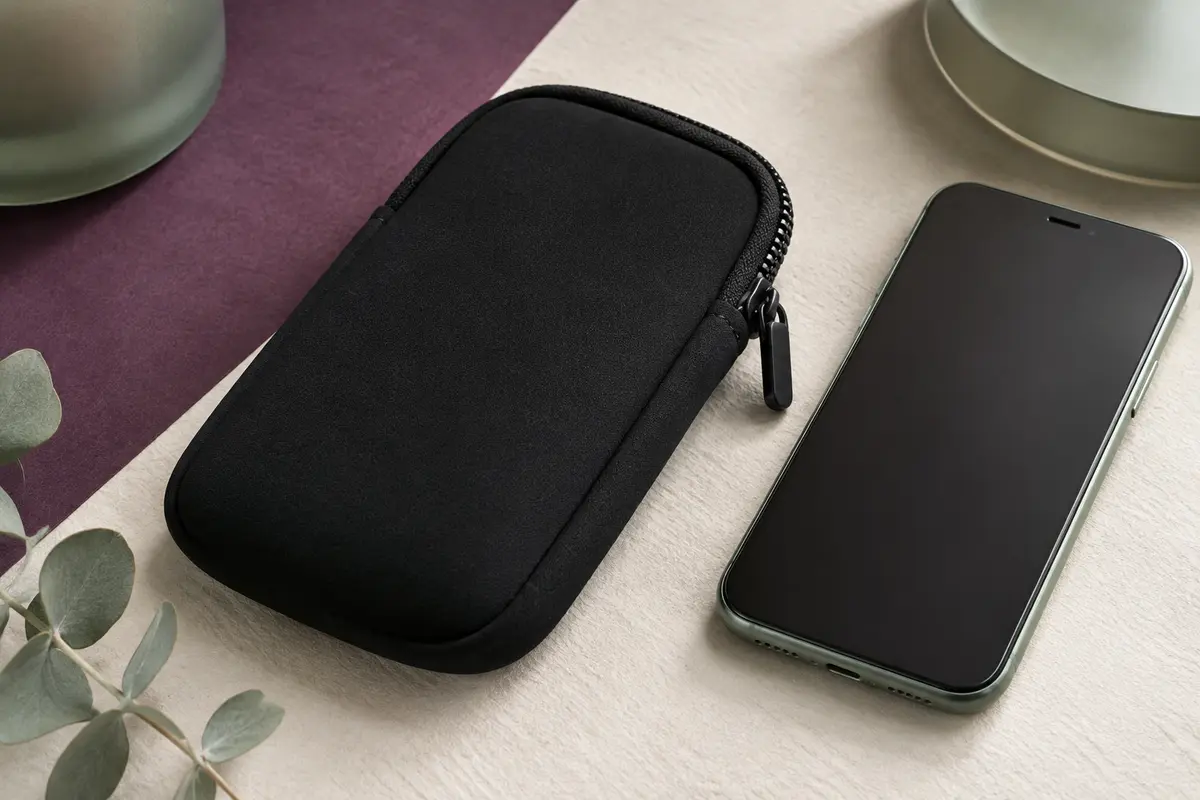 Pochette zippée en néoprène noir posée près d’un smartphone sans marque sur un décor minimaliste.