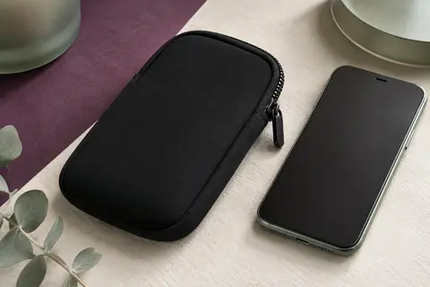 Pochette zippée en néoprène noir posée près d’un smartphone sans marque sur un décor minimaliste.