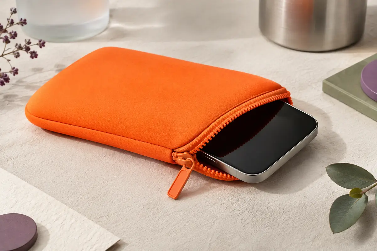 Pochette zippée en néoprène orange néon posée près d’un smartphone sans marque