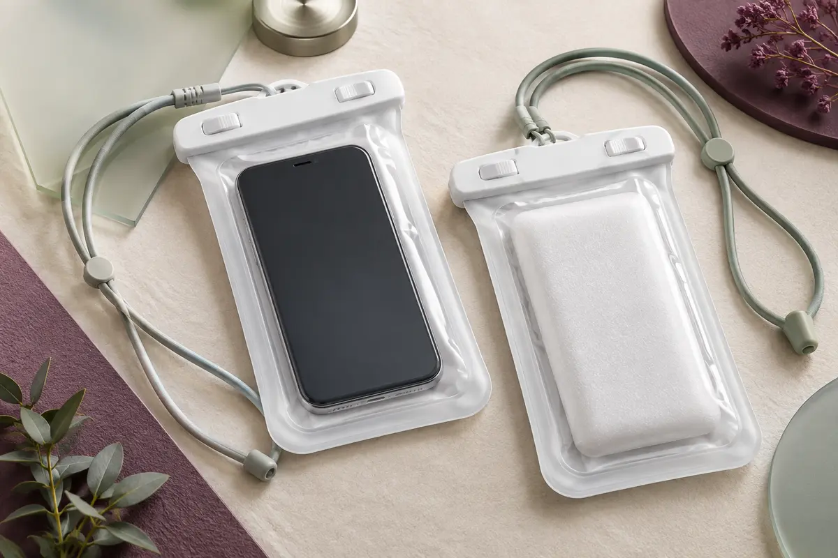 Deux pochettes étanches blanches et translucides avec cordons, dont une autour d’un smartphone sans marque.