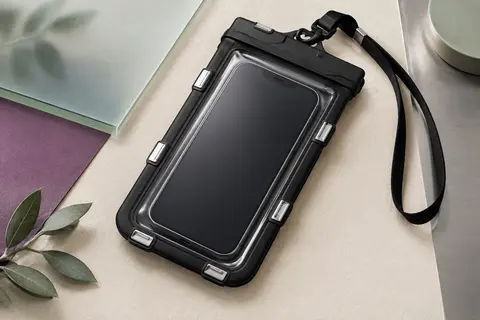 Pochette étanche noire pour smartphone avec clips métalliques renforcés et lanière, photographiée en gros plan