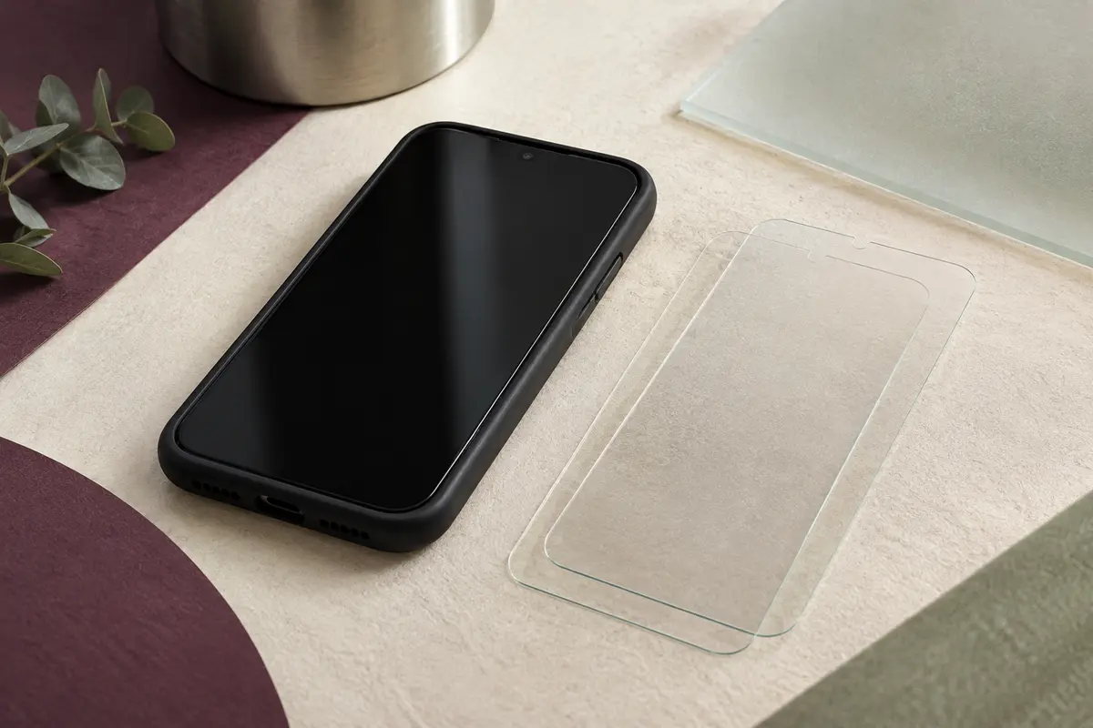 Coque noire mate translucide pour Galaxy A26 5G avec deux verres trempés disposés à côté.
