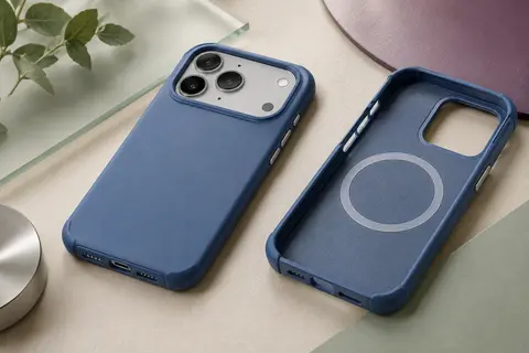 Coque bleue mate pour iPhone 17, avec boutons métalliques et contour de caméra surélevé.