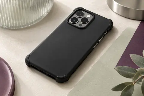 Coque antichoc noire mate sur un smartphone sans marque, avec anneau MagSafe et cadre caméra surélevé.