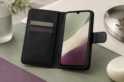 Coque à rabat pour Galaxy A15, ouverte sur ses rangements pour cartes et son intérieur en TPU.
