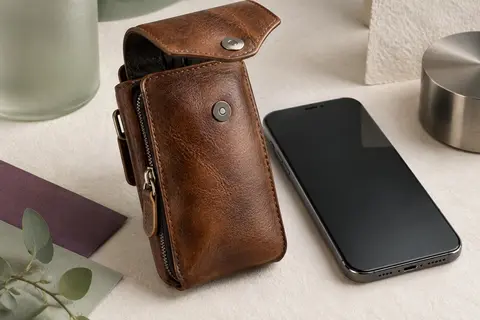 Pochette ceinture Moonster en cuir marron avec rabat aimanté, poche zippée et passant arrière