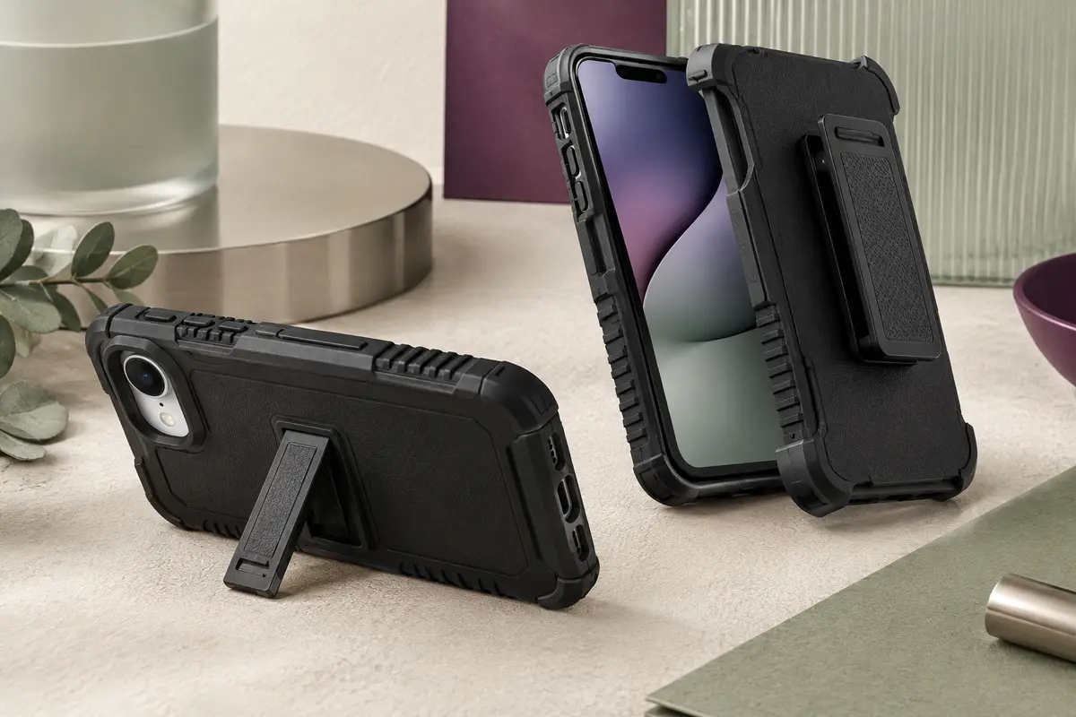 Coque noire renforcée pour iPhone 16e avec étui à clip de ceinture et béquille intégrée