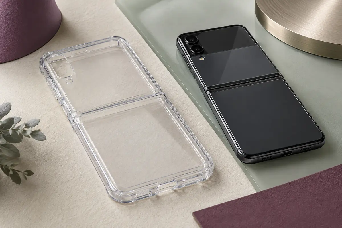 Coque transparente à bumper souple posée près d’un smartphone pliable au format clapet.