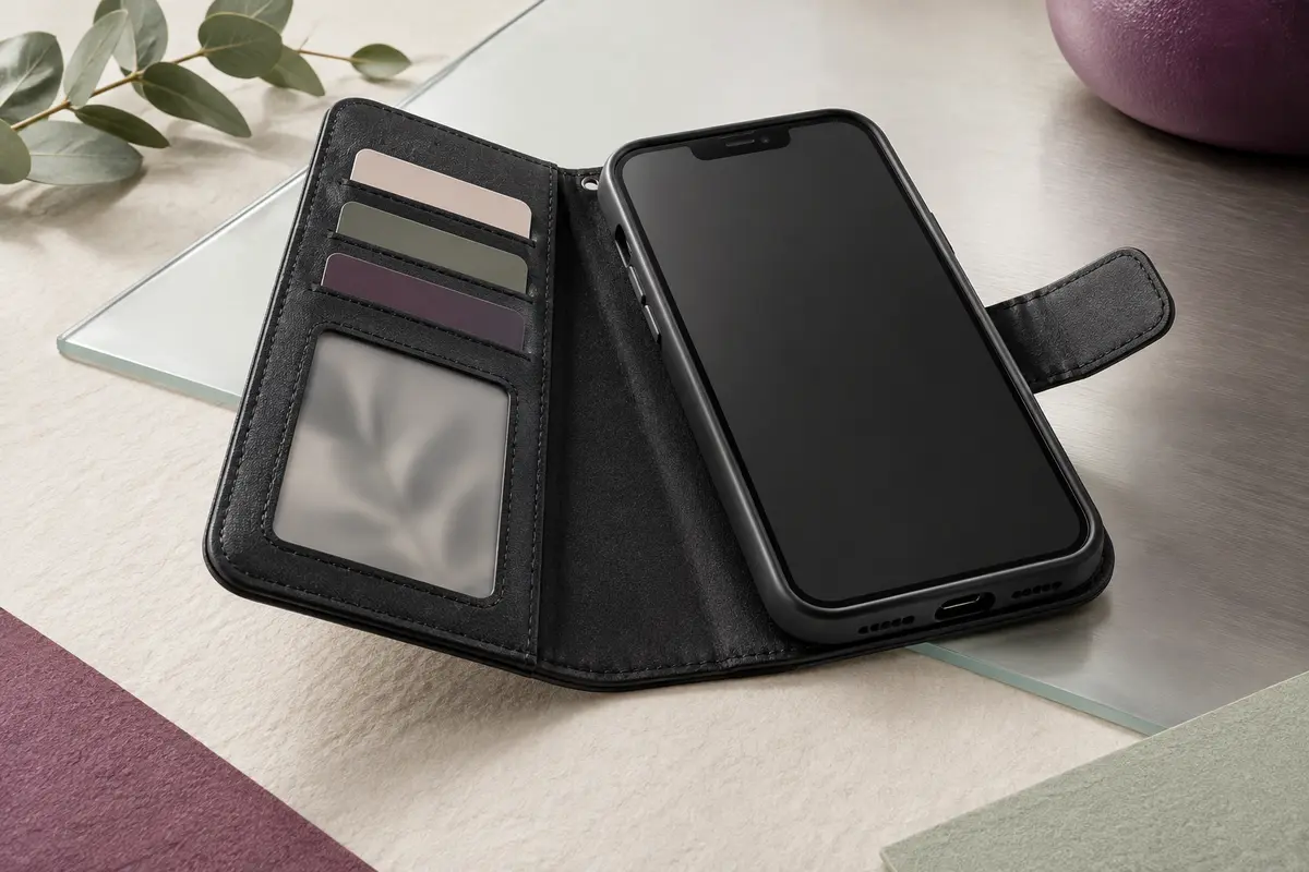 Étui portefeuille noir pour iPhone Pro Max ouvert, avec fentes pour cartes et béquille déployée