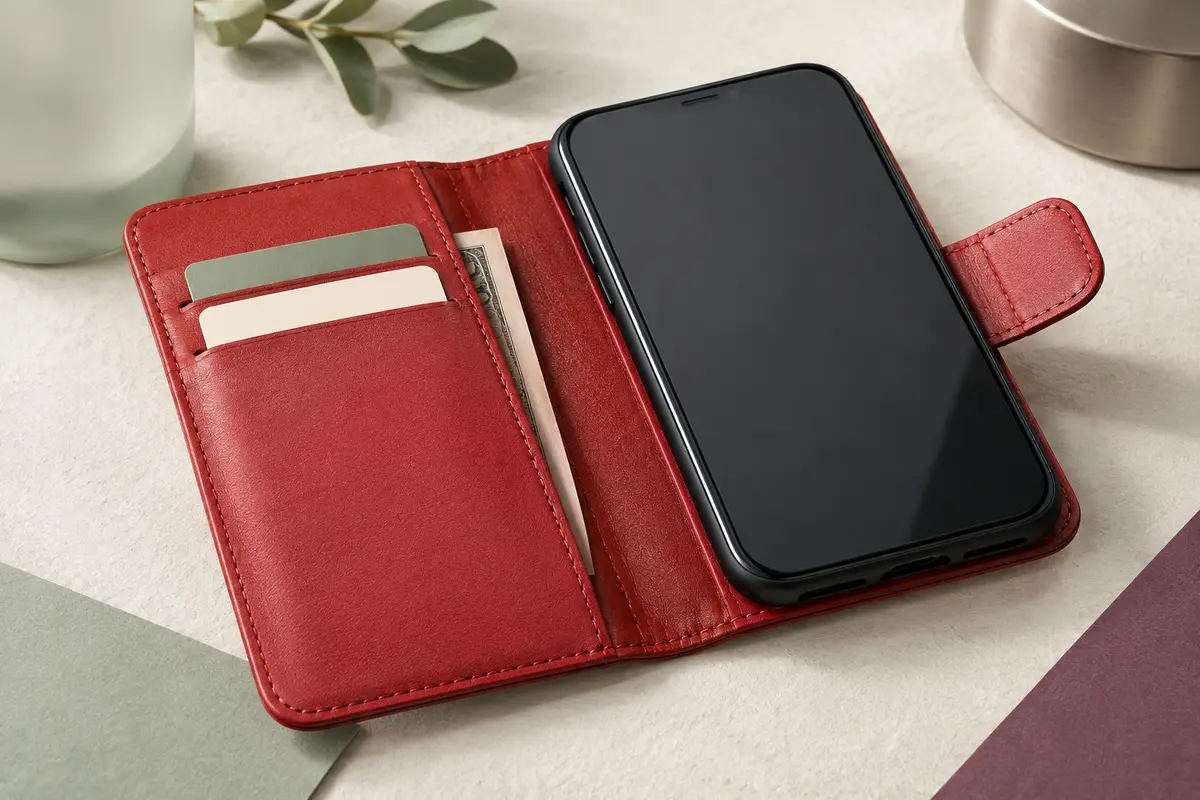 Coque portefeuille rouge ouverte avec smartphone, emplacements pour cartes et support à rabat