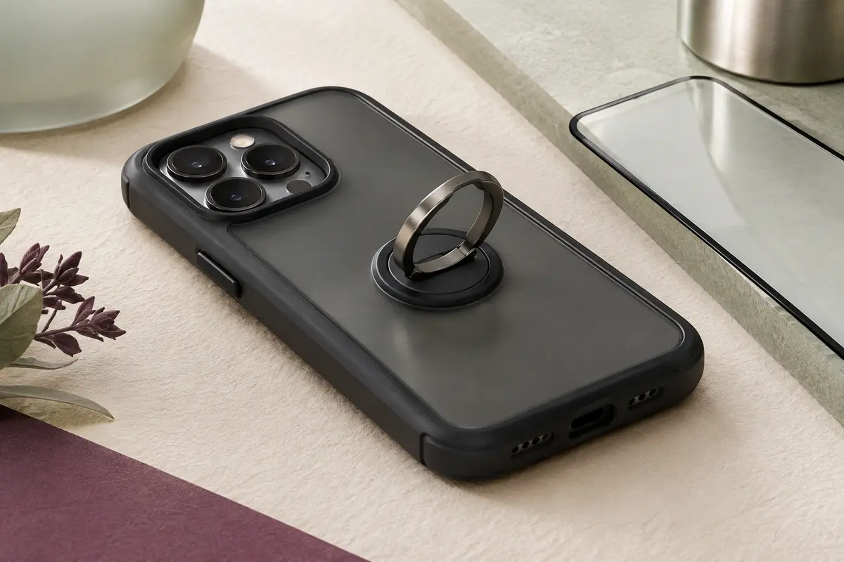 Coque noire translucide pour Galaxy A56/A36 avec béquille métallique arrière déployée.