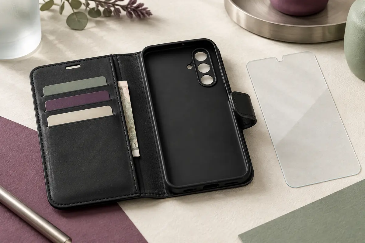 Coque portefeuille noire ouverte avec trois rangements pour cartes, poche à billets et verre trempé à côté