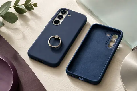 Coque bleu marine pour Galaxy S23 avec anneau métallique intégré et finition souple en silicone