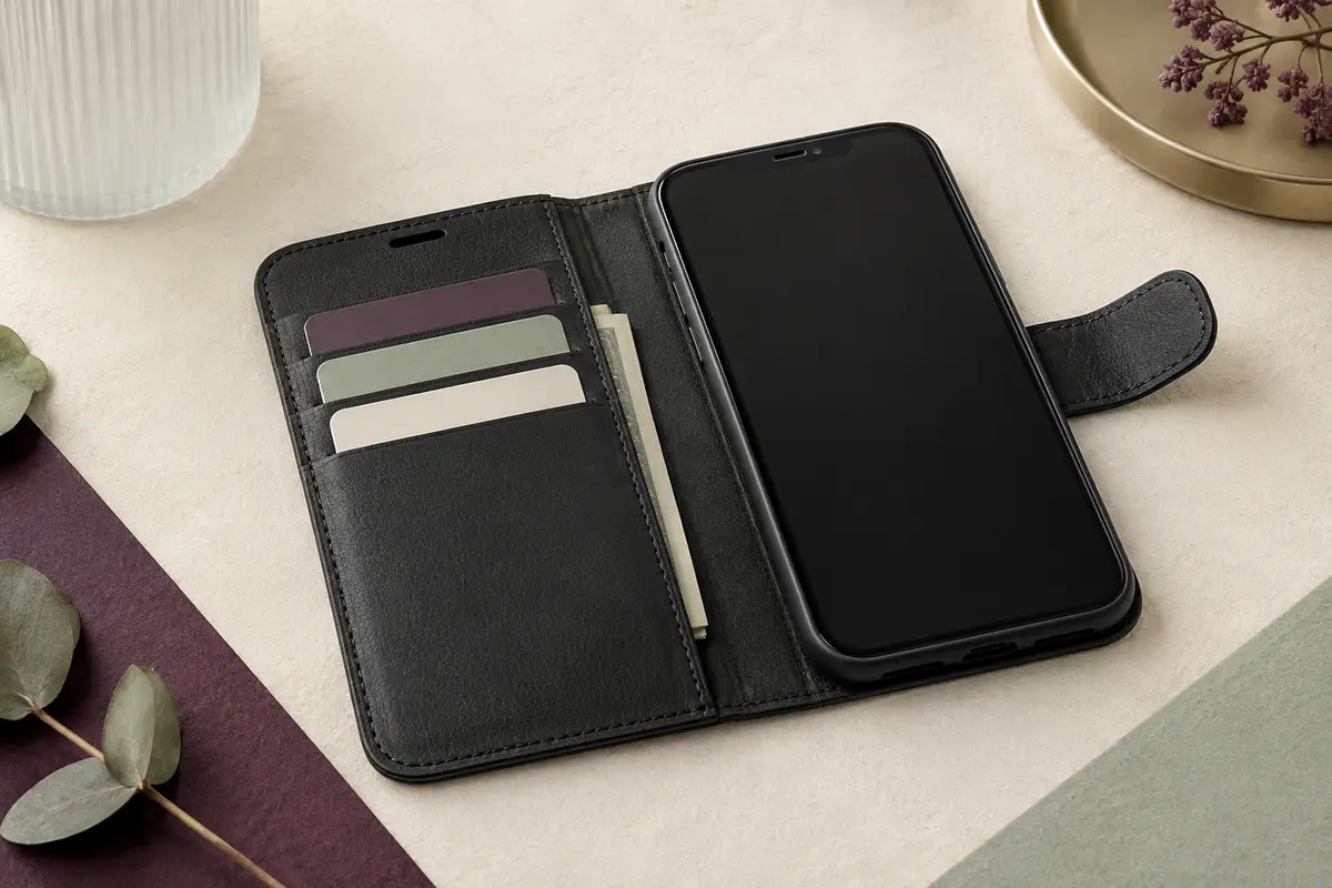 Étui portefeuille noir ouvert, avec ses emplacements pour cartes et un smartphone sans marque visible
