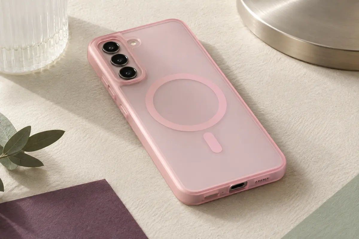 Coque mate rose translucide pour Samsung Galaxy S22, avec anneau magnétique et rebords surélevés